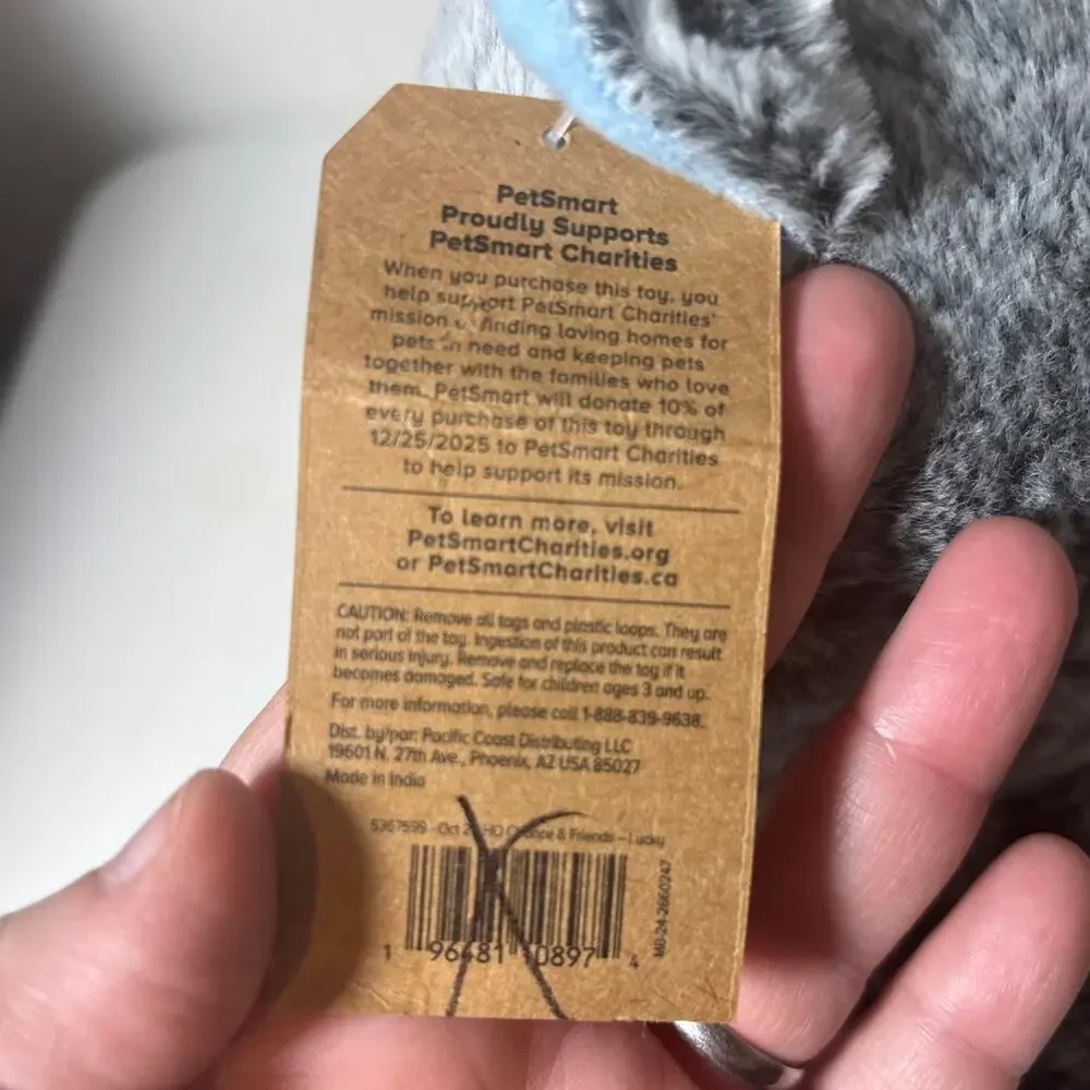 PetSmart NWT Lucky Bear Gray Plush Dog Toy Squaker 11